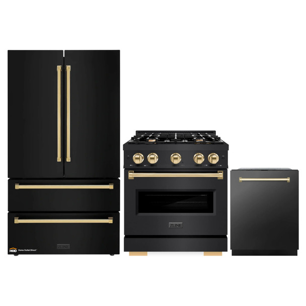 ZLINE 3-Piece Appliance Package - 30-Inch Dual Fuel Range, Refrigerator, and Dishwasher in Black Stainless Steel with Gold Accents