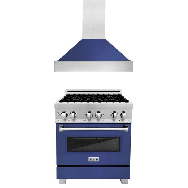 ZLINE 2-Piece Appliance Package - 30-inch Dual Fuel Range & Premium Range Hood in Satin Stainless Steel with Blue Matte (2KP-RASBMRH30)