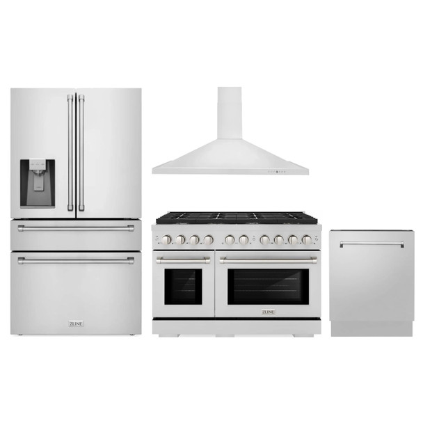 ZLINE 4-Piece Appliance Package - 48-Inch Gas Range, Refrigerator with Water Dispenser, Convertible Wall Mount Hood, and 3-Rack Dishwasher in Stainless Steel (4KPRW-SGRRH48-DWV)