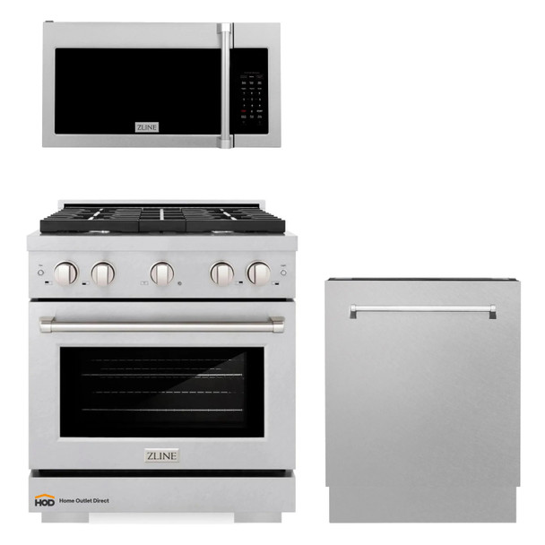 ZLINE 3-Piece Appliance Package - 30-Inch Gas Range, Microwave Oven and Dishwasher in Satin Stainless Steel (3KP-SGRSOTRHDWV30)