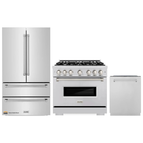 ZLINE 3-Piece Appliance Package - 36-Inch Gas Range, Refrigerator, and Dishwasher in Stainless Steel