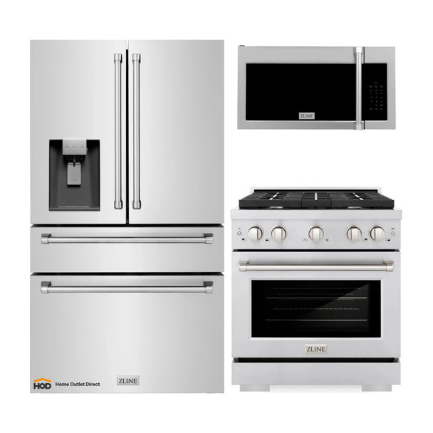 ZLINE 3-Piece Appliance Package - 30-Inch Gas Range, Refrigerator with Water Dispenser, & Over-the-Range Microwave/Vent Hood Combo (3KPRW-SGROTRH30)