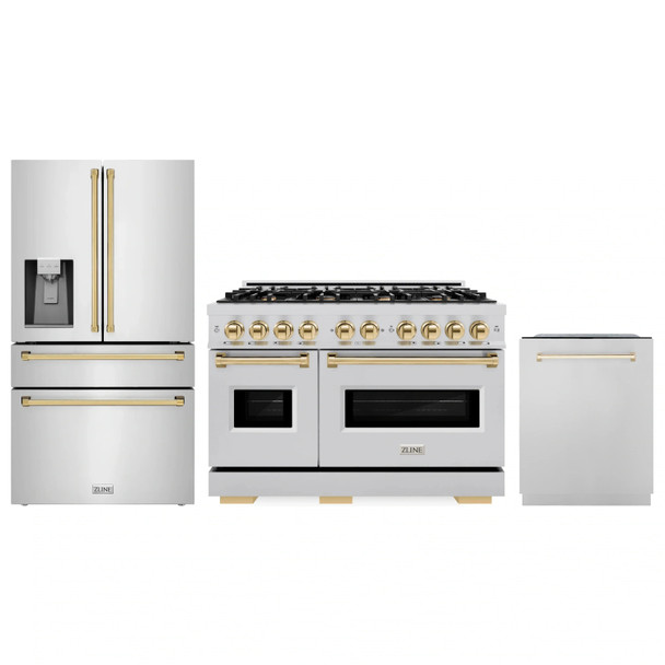 ZLINE 3-Piece Appliance Package - 48-Inch Dual Fuel Range, Refrigerator with Water Dispenser, and Dishwasher in Stainless Steel with Gold Accents
