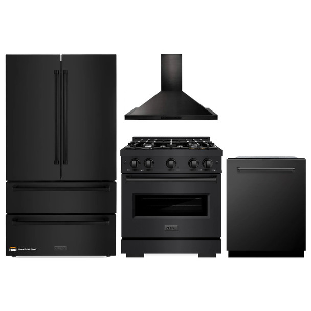ZLINE 4-Piece Appliance Package - 30-Inch Dual Fuel Range, Hood, Refrigerator, and Dishwasher in Black Stainless Steel