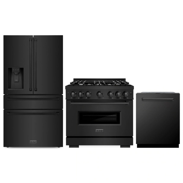 ZLINE 3-Piece Appliance Package - 36-Inch Dual Fuel Range, Refrigerator with Water Dispenser, and Dishwasher in Black Stainless Steel