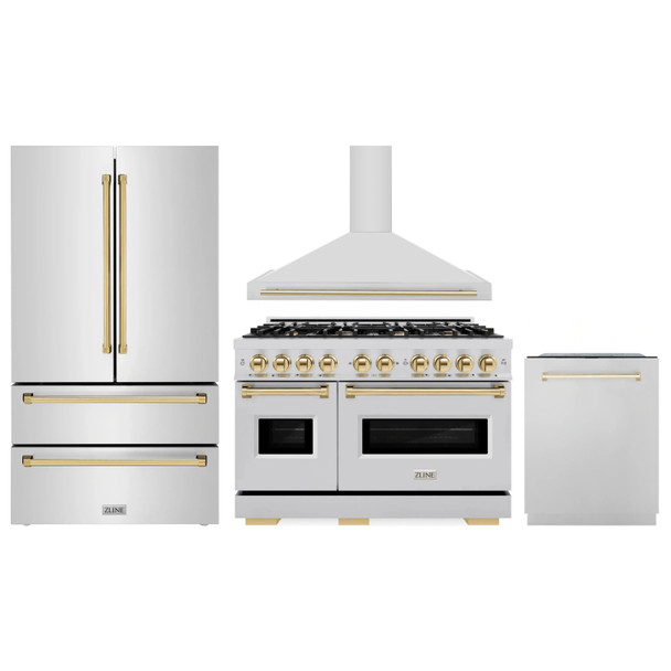ZLINE 4-Piece Appliance Package - 48-Inch Gas Range, Hood, Refrigerator, and Dishwasher in Stainless Steel with Gold Accents