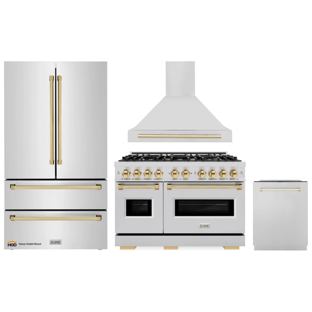 ZLINE 4-Piece Appliance Package - 48-Inch Dual Fuel Range, Hood, Refrigerator, and Dishwasher in Stainless Steel with Gold Accents
