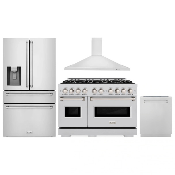 ZLINE 4-Piece Appliance Package - 48-Inch Dual Fuel Range, Hood, Refrigerator with Water Dispenser, and Dishwasher in Stainless Steel