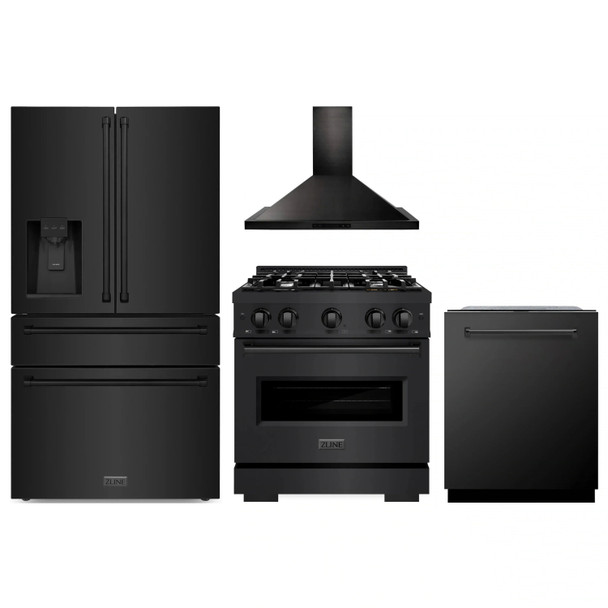 ZLINE 4-Piece Appliance Package - 30-Inch Gas Range, Hood, Refrigerator with Water Dispenser, and Dishwasher in Black Stainless Steel