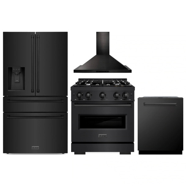 ZLINE 4-Piece Appliance Package - 30-Inch Dual Fuel Range, Hood, Refrigerator with Water Dispenser, and Dishwasher in Black Stainless Steel