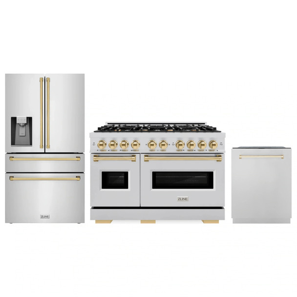 ZLINE 3-Piece Appliance Package - 48-Inch Gas Range, Refrigerator with Water Dispenser, and Dishwasher in Stainless Steel with Gold Accents