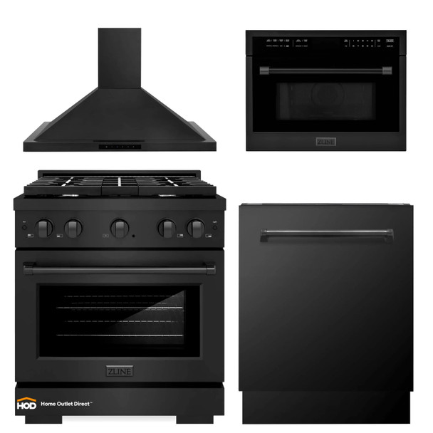 ZLINE 4-Piece Appliance Package - 30-Inch Gas Range, Convertible Wall Mount Hood, Microwave Oven, and 3-Rack Dishwasher in Black Stainless Steel (4KP-SGRBRH30-MODWV)