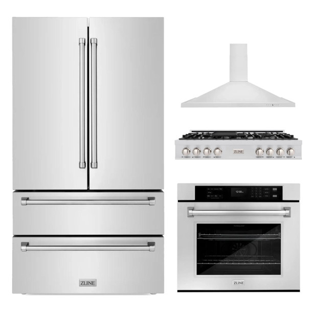 ZLINE 4-Piece Appliance Package - 48-Inch Rangetop, 30” Wall Oven, 36” Refrigerator, and Convertible Wall Mount Hood in Stainless Steel (4KPR-RTRH48-AWS)