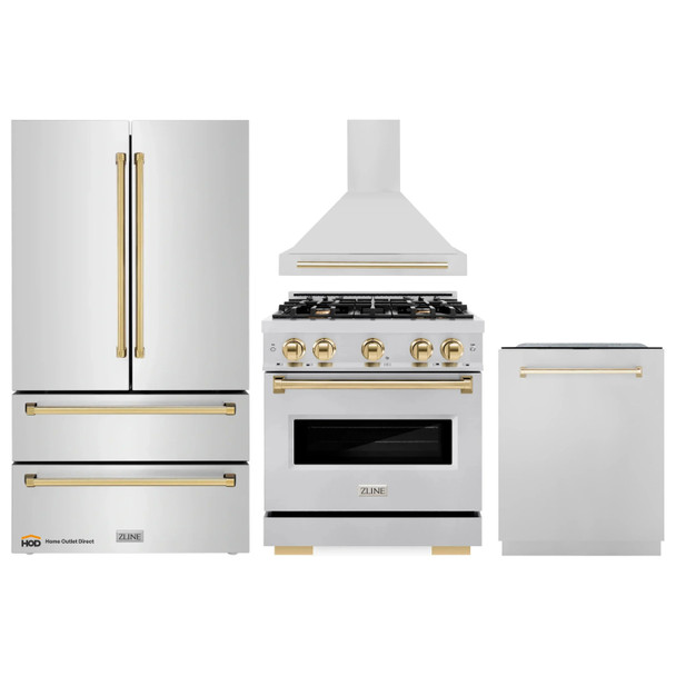 ZLINE 4-Piece Appliance Package - 30-Inch Gas Range, Hood, Refrigerator, and Dishwasher in Stainless Steel with Gold Accents