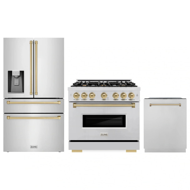 ZLINE 3-Piece Appliance Package - 36-Inch Dual Fuel Range, Refrigerator with Water Dispenser, and Dishwasher in Stainless Steel with Champagne Bronze Accents