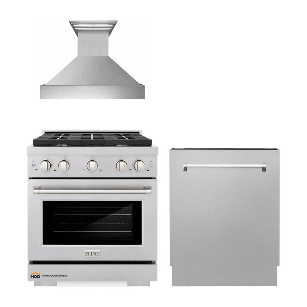 ZLINE 3-Piece Appliance Package - 30-inch Gas Range, Tall Tub Dishwasher & Premium Wall Mount Hood in Satin Stainless Steel (3KP-SGRSRH30-DWV)