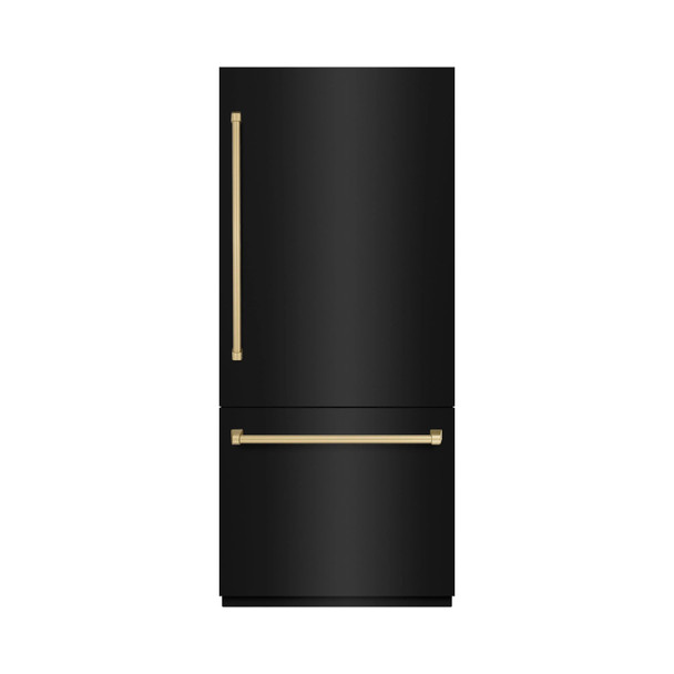 ZLINE Autograph Edition 36-Inch 19.8 cu. ft. Built-In Bottom Freezer Refrigerator with Water Dispenser and Ice Maker in Black Stainless Steel and Champagne Bronze Accents (RBITZ-BS-36-CB)