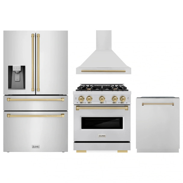 ZLINE 4-Piece Appliance Package - 30-Inch Dual Fuel Range, Hood, Refrigerator with Water Dispenser, and Dishwasher in Stainless Steel with Champagne Bronze Accents