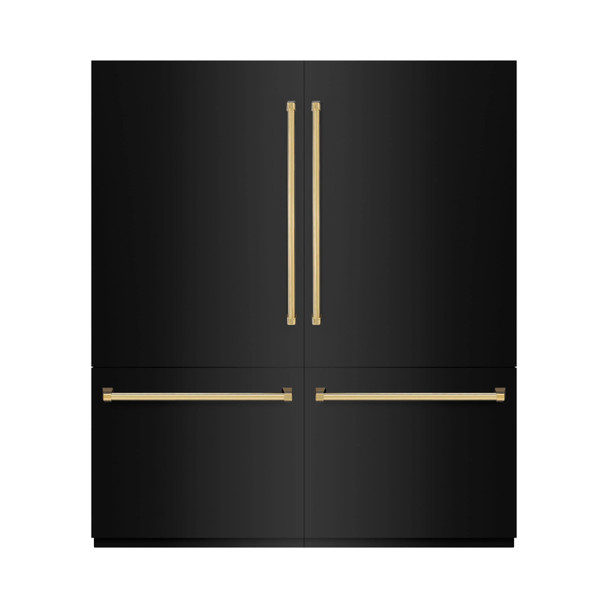 ZLINE Autograph Edition 72-Inch 39.6 cu. ft. French Door Built-In Bottom Freezer Refrigerator with Water Dispensers and Ice Makers in Black Stainless Steel with Graphite Gray Interior and Polished Gold Accents (GRBITZ-BS-72-G)