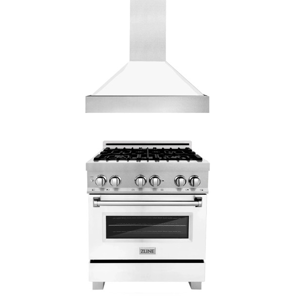 ZLINE 2-Piece Appliance Package - 30-inch Dual Fuel Range and Premium Range Hood in Satin Stainless Steel with White (2KP-RASWMRH30)