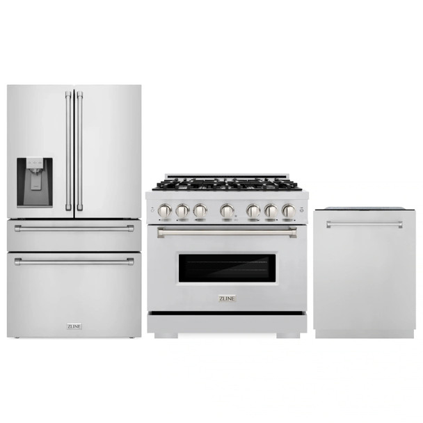 ZLINE 3-Piece Appliance Package - 36-Inch Dual Fuel Range, Refrigerator with Water Dispenser, and Dishwasher in Stainless Steel