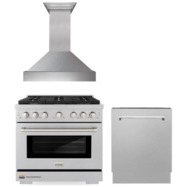 ZLINE 3-Piece Appliance Package - 36-inch Gas Range, Tall Tub Dishwasher & Premium Wall Mount Hood in Satin Stainless Steel (3KP-SGRSRH36-DWV)