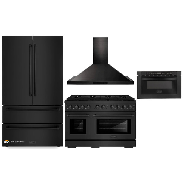 ZLINE 4-Piece Appliance Package - 48-Inch Gas Range, Refrigerator, Convertible Wall Mount Hood, and Microwave Drawer in Black Stainless Steel (4KPR-SGRBRH48-MW)