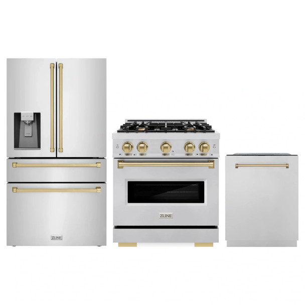 ZLINE 3-Piece Appliance Package - 30-Inch Dual Fuel Range, Refrigerator with Water Dispenser, and Dishwasher in Stainless Steel with Champagne Bronze Accents