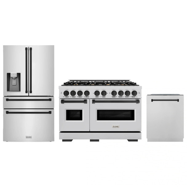 ZLINE 3-Piece Appliance Package - 48-Inch Gas Range, Refrigerator with Water Dispenser, and Dishwasher in Stainless Steel with Matte Black Accents