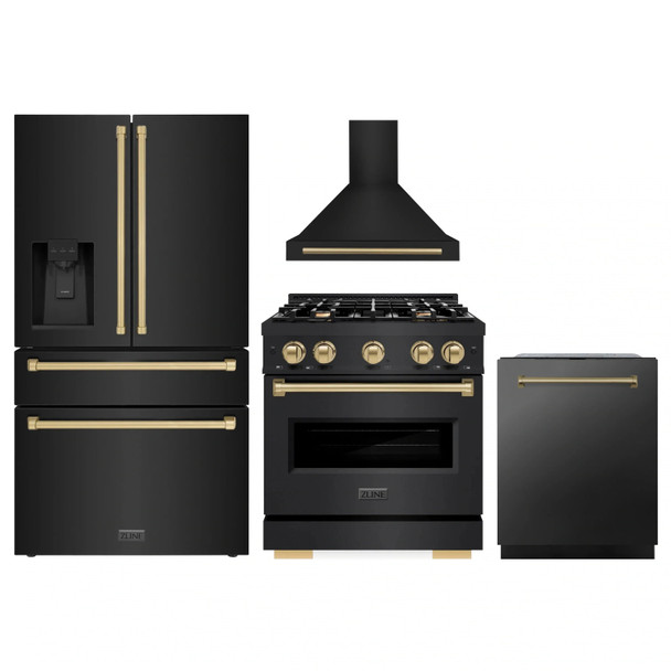 ZLINE 4-Piece Appliance Package - 30-Inch Gas Range, Hood, Refrigerator with Water Dispenser, and Dishwasher in Black Stainless Steel with Champagne Bronze Accents