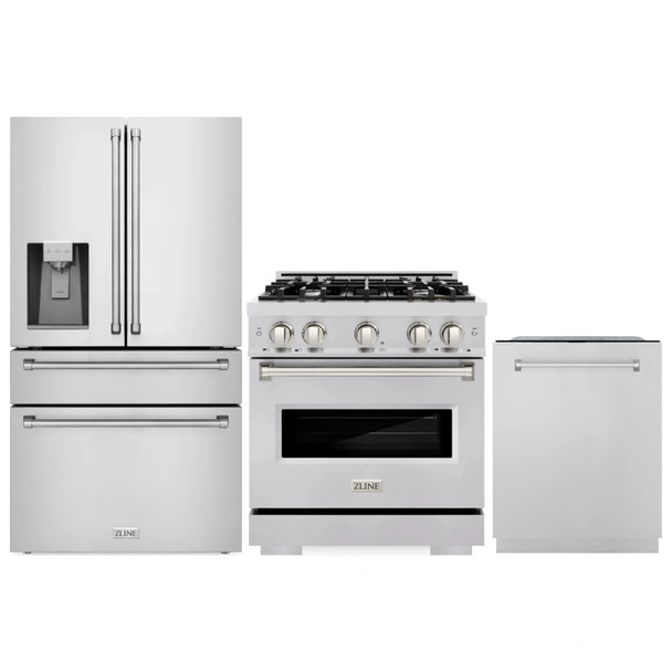 ZLINE 3-Piece Appliance Package - 30-Inch Gas Range, Refrigerator with Water Dispenser, and Dishwasher in Stainless Steel