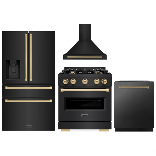 ZLINE 4-Piece Appliance Package - 30-Inch Dual Fuel Range, Hood, Refrigerator with Water Dispenser, and Dishwasher in Black Stainless Steel with Champagne Bronze Accents