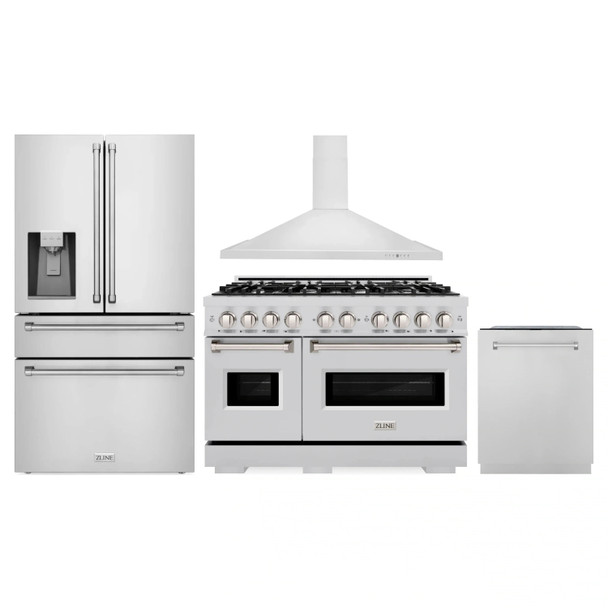 ZLINE 4-Piece Appliance Package - 48-Inch Gas Range, Hood, Refrigerator with Water Dispenser, and Dishwasher in Stainless Steel