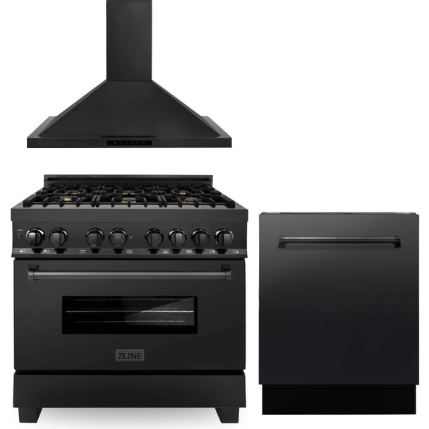 ZLINE 3-Piece Appliance Package - 36-Inch Dual Fuel Range with Brass Burners, Range Hood, 3-Rack Dishwasher in Black Stainless Steel (3KP-RABRH36-DWV)