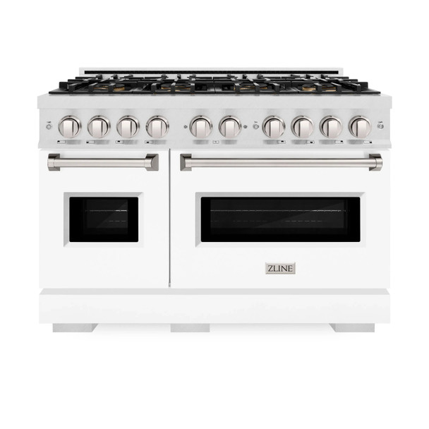 ZLINE 48-Inch 6.7 Cu. Ft. Classic Dual Fuel Range with 8 Burner DuoPro™ Cooktop and Dual Ovens in Satin Stainless and White (PCDRS-WM-48)