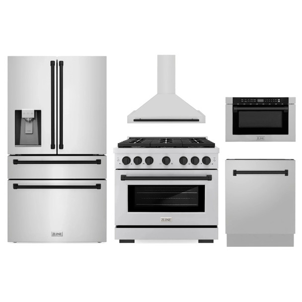 ZLINE 5-Piece Appliance Package - 36-Inch Paramount Autograph Gas Range, Wall Mount Range Hood, 36-Inch French Door Refrigerator with Water Dispenser, Dishwasher, and 24-Inch Microwave Drawer in Stainless Steel with Matte Black Accents