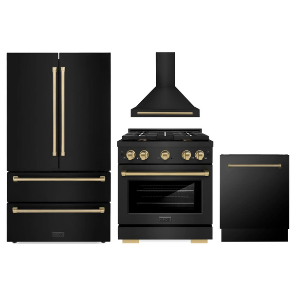 ZLINE 4-Piece Appliance Package - 30-Inch Paramount Dual Fuel Range, Wall Mount Range Hood, 36-Inch French Door Refrigerator, Dishwasher, in Black Stainless Steel with Champagne Bronze Accents