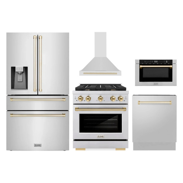 ZLINE 5-Piece Appliance Package - 30-Inch Paramount Autograph Gas Range, Wall Mount Range Hood, 36-Inch French Door Refrigerator with Water Dispenser, Dishwasher, and 24-Inch Microwave Drawer in Stainless Steel with Gold Accents
