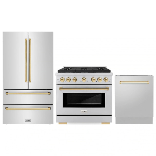 ZLINE 3-Piece Appliance Package - 36-Inch Paramount Autograph Gas Range, 36-Inch French Door Refrigerator, Dishwasher, in Stainless Steel with Gold Accents