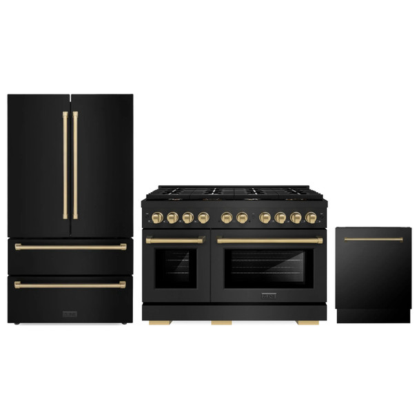 ZLINE 3-Piece Appliance Package - 48-Inch Paramount Dual Fuel Range, 36-Inch French Door Refrigerator, Dishwasher, in Black Stainless Steel with Champagne Bronze Accents