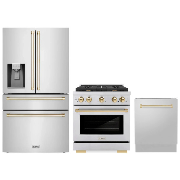 ZLINE 3-Piece Appliance Package - 30-Inch Paramount Autograph Dual Fuel Range, 36-Inch French Door Refrigerator with Water Dispenser, Dishwasher, in Stainless Steel with Gold Accents