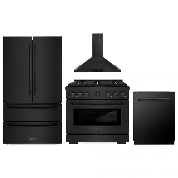 ZLINE 4-Piece Appliance Package - 36-Inch Paramount Dual Fuel Range, Wall Mount Range Hood, 36-Inch French Door Refrigerator, Dishwasher, in Black Stainless Steel