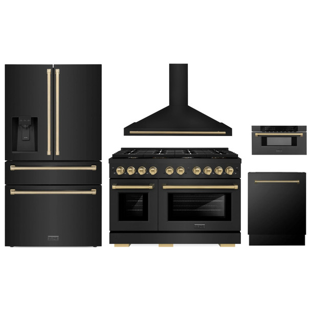 ZLINE 5-Piece Appliance Package - 48-Inch Paramount Dual Fuel Range, Wall Mount Range Hood, 36-Inch French Door Refrigerator with Water Dispenser, Dishwasher, and 30-Inch Microwave Drawer in Black Stainless Steel with Champagne Bronze Accents