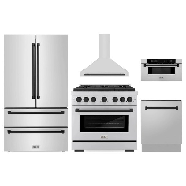 ZLINE 5-Piece Appliance Package - 36-Inch Paramount Autograph Gas Range, Wall Mount Range Hood, 36-Inch French Door Refrigerator, Dishwasher, and 30-Inch Microwave Drawer in Stainless Steel with Matte Black Accents