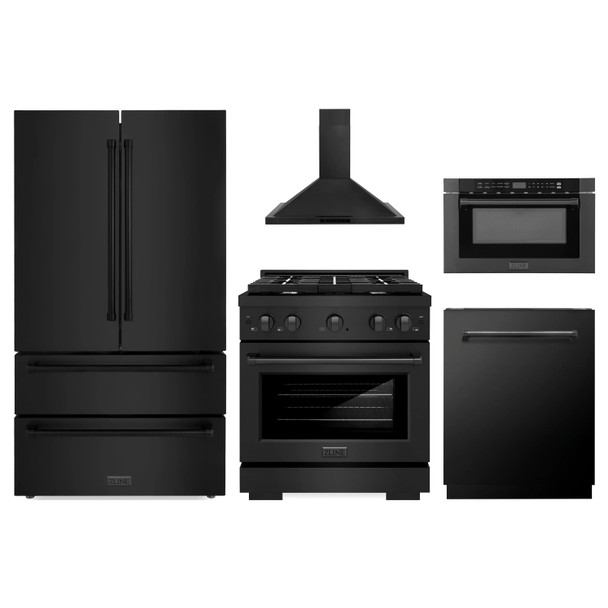 ZLINE 5-Piece Appliance Package - 30-Inch Paramount Gas Range, Wall Mount Range Hood, 36-Inch French Door Refrigerator, Dishwasher, and 24-Inch Microwave Drawer in Black Stainless Steel