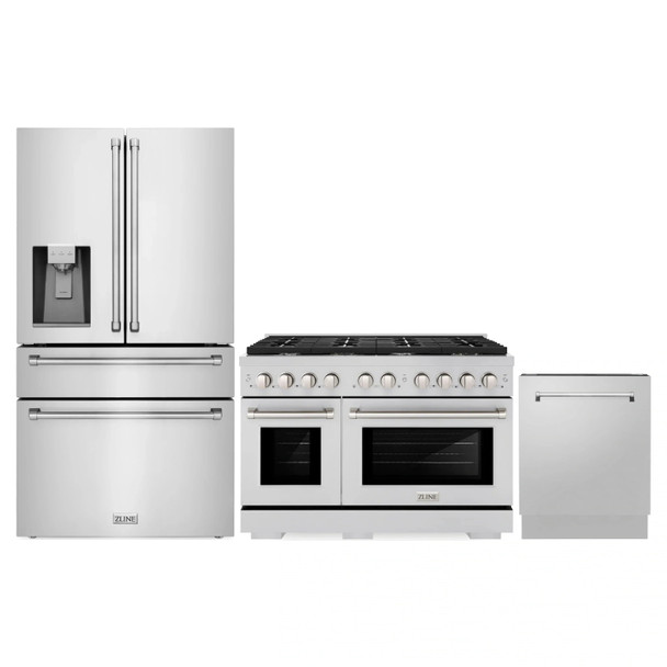 ZLINE 3-Piece Appliance Package - 48-Inch Paramount Gas Range, 36-Inch French Door Refrigerator with Water Dispenser, Dishwasher, in Stainless Steel