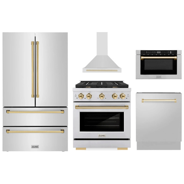 ZLINE 5-Piece Appliance Package - 30-Inch Paramount Autograph Gas Range, Wall Mount Range Hood, 36-Inch French Door Refrigerator, Dishwasher, and 24-Inch Microwave Drawer in Stainless Steel with Gold Accents