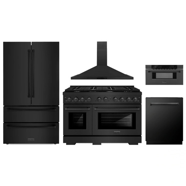 ZLINE 5-Piece Appliance Package - 48-Inch Paramount Dual Fuel Range, Wall Mount Range Hood, 36-Inch French Door Refrigerator, Dishwasher, and 30-Inch Microwave Drawer in Black Stainless Steel