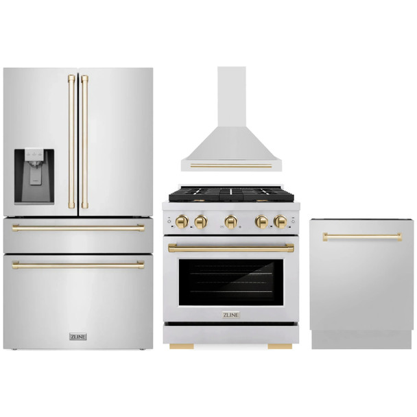 ZLINE 4-Piece Appliance Package - 30-Inch Paramount Autograph Gas Range, Wall Mount Range Hood, 36-Inch French Door Refrigerator with Water Dispenser, Dishwasher, in Stainless Steel with Gold Accents