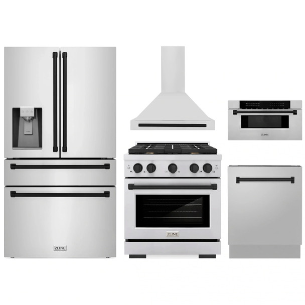 ZLINE 5-Piece Appliance Package - 30-Inch Paramount Dual Fuel Range, Wall Mount Range Hood, 36-Inch French Door Refrigerator with Water Dispenser, Dishwasher, and 30-Inch Microwave Drawer in Stainless Steel with Matte Black Accents